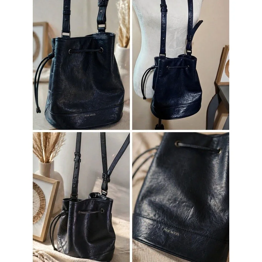 Pixie Mood Bag Textured orcrinkled vegan leather navy cord adjustable shoulder